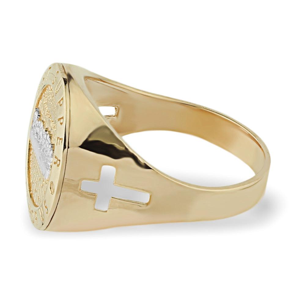 Men's Round Last Supper Pray For Us Side Cross Ring Solid 10K Yellow Gold - bayamjewelry