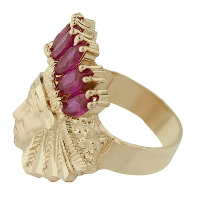 Men's Ruby Red CZ Indian Chief Ring 10K Yellow Gold - bayamjewelry