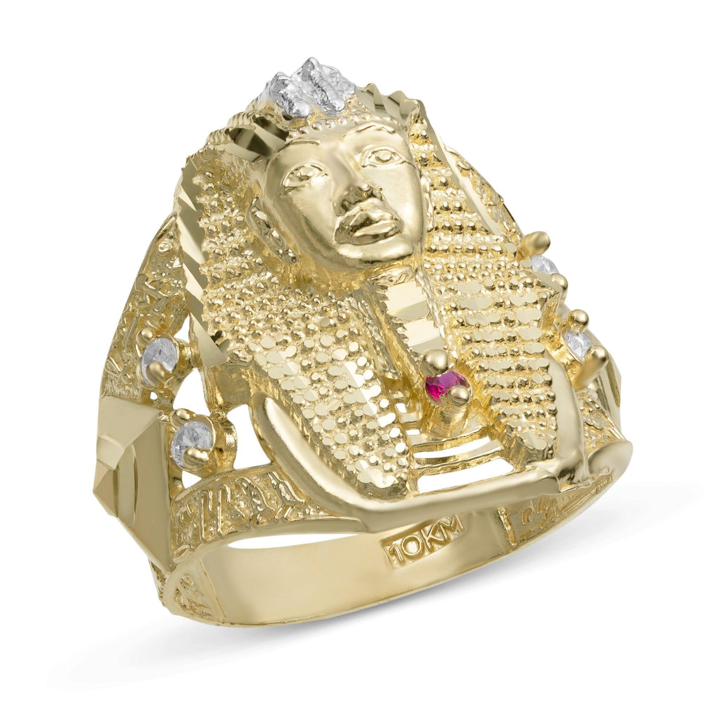 Men's Textured Pharaoh with CZ and Ruby Ring Solid 10K Yellow Gold - bayamjewelry