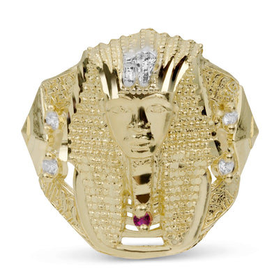 Men's Textured Pharaoh with CZ and Ruby Ring Solid 10K Yellow Gold - bayamjewelry