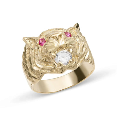 Men's Tiger Head Ring Ruby Eyes & CZ Solid 10K Yellow Gold - bayamjewelry