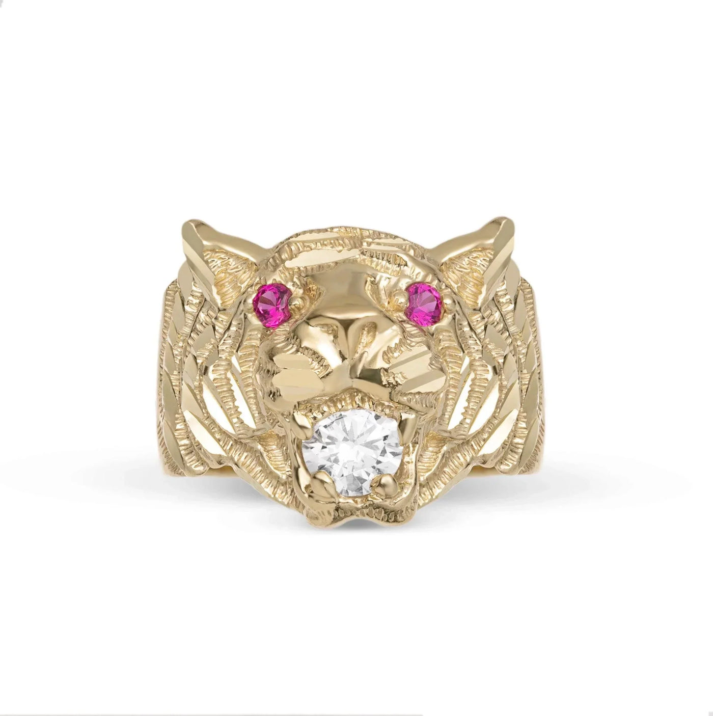 Men's Tiger Head Ring Ruby Eyes & CZ Solid 10K Yellow Gold - bayamjewelry