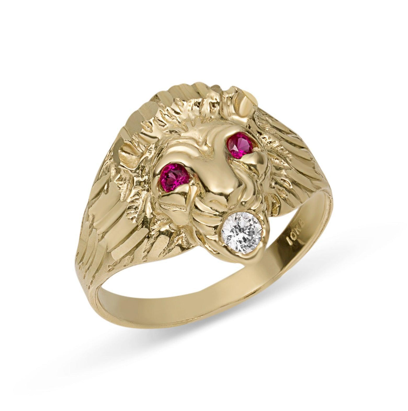 Men's Unisex Lion Head Ring Ruby Eyes & CZ Solid 10K Yellow Gold Size 11 - bayamjewelry
