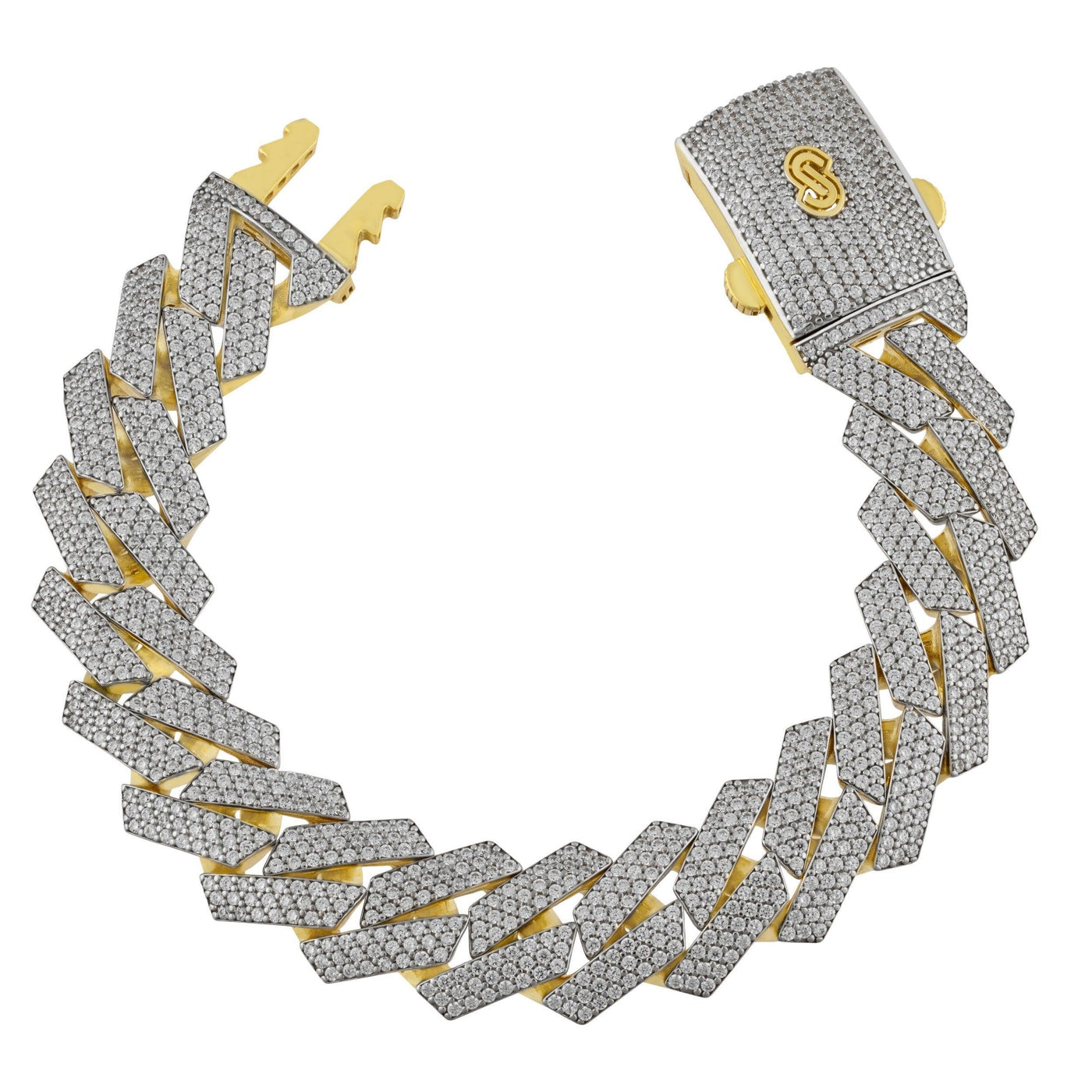 Monaco Chain Miami Cuban Link CZ Lock Bracelet 14K Yellow Gold - Hollow
