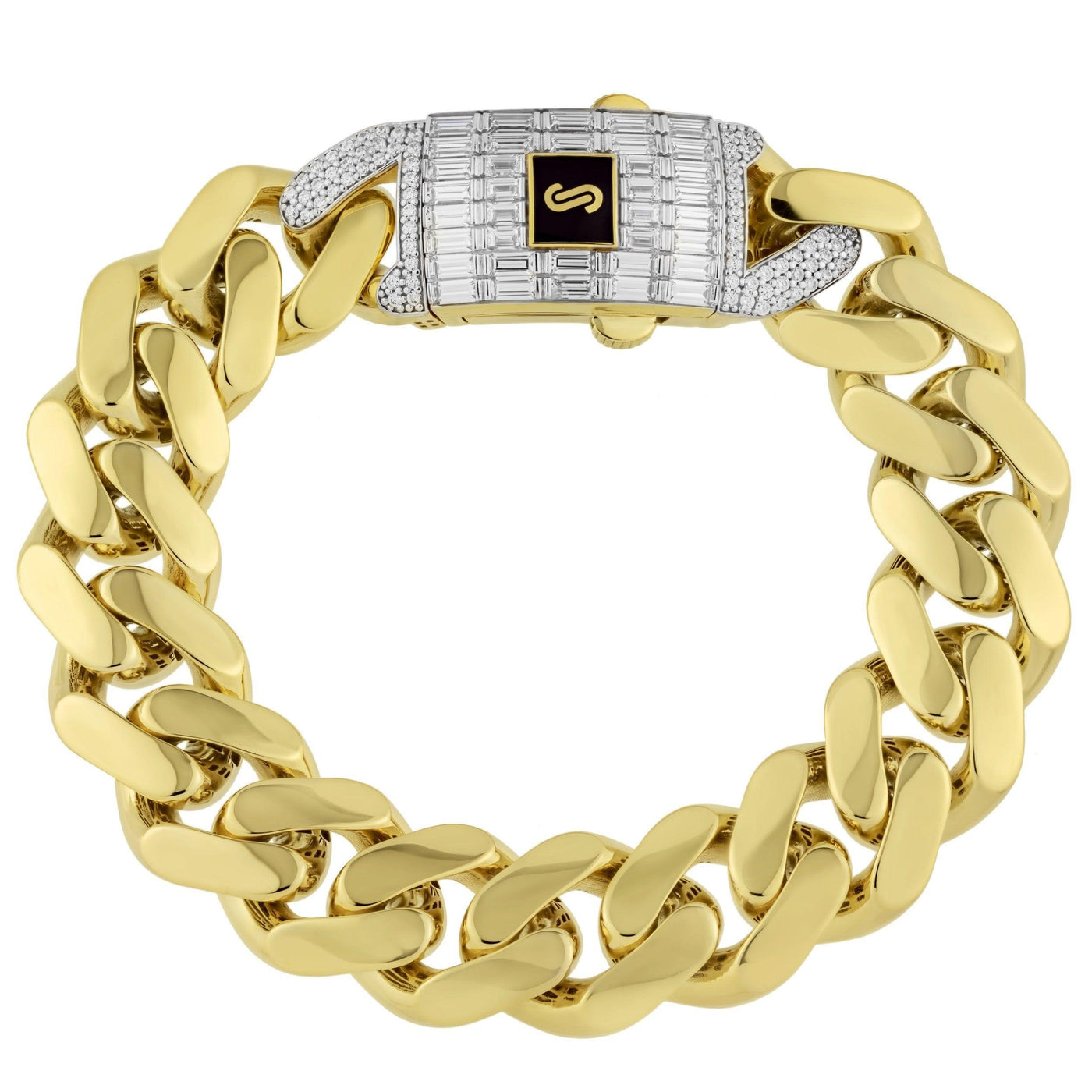 Monaco Chain Miami Cuban Link Bracelet Baguette Lock 10K Yellow Gold - Hollow - bayamjewelry