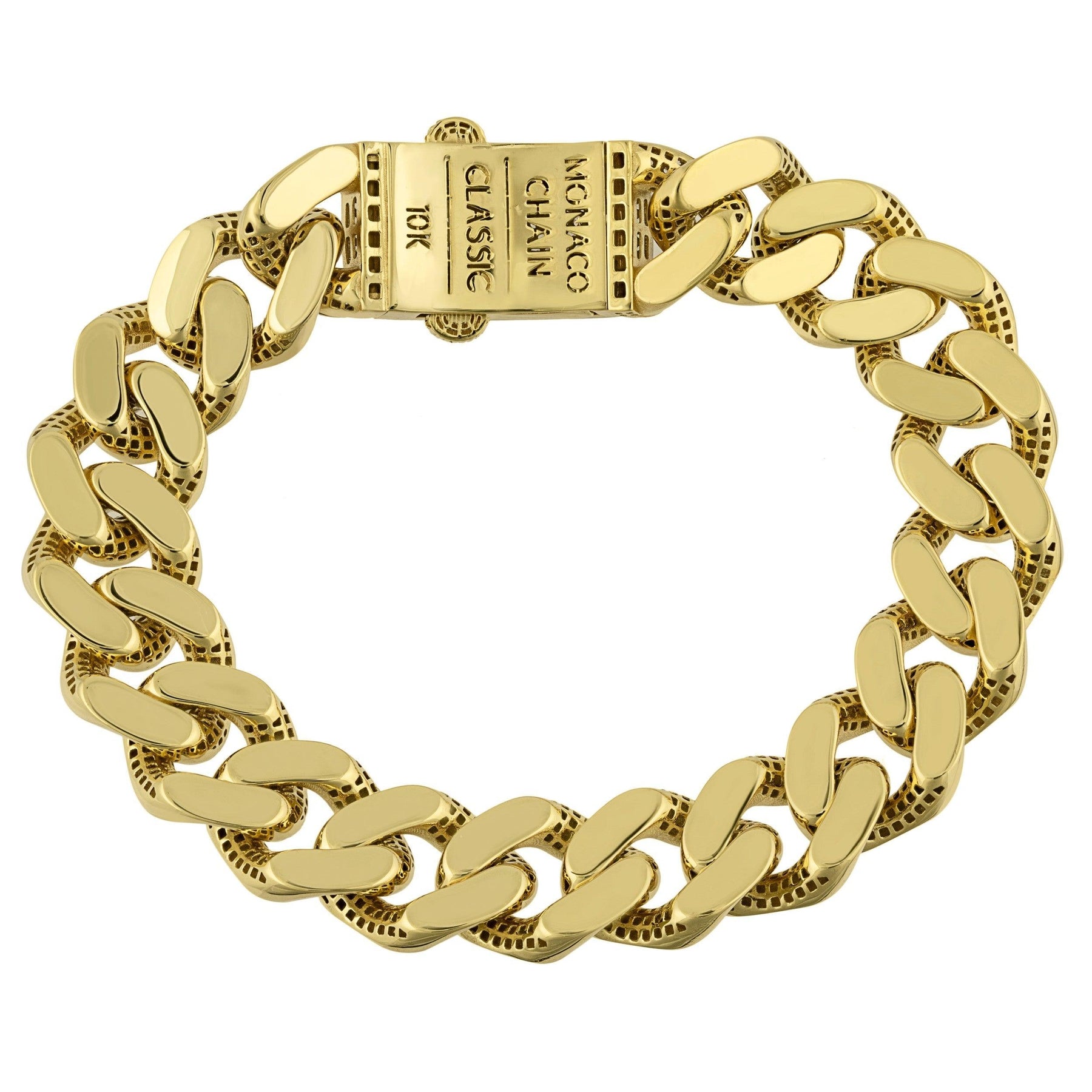 Monaco Chain Miami Cuban Link Bracelet CZ Lock 10K Yellow Gold - Hollow