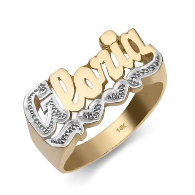 Name Ring with Diamond-Cut Hearts 14K Gold - Style 19 - bayamjewelry