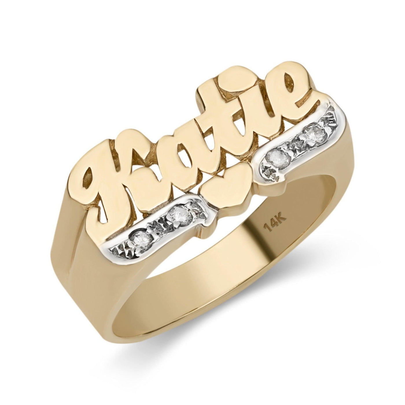 Name Ring with Diamond Heart Ribbon 14K Gold - Style 12 - bayamjewelry