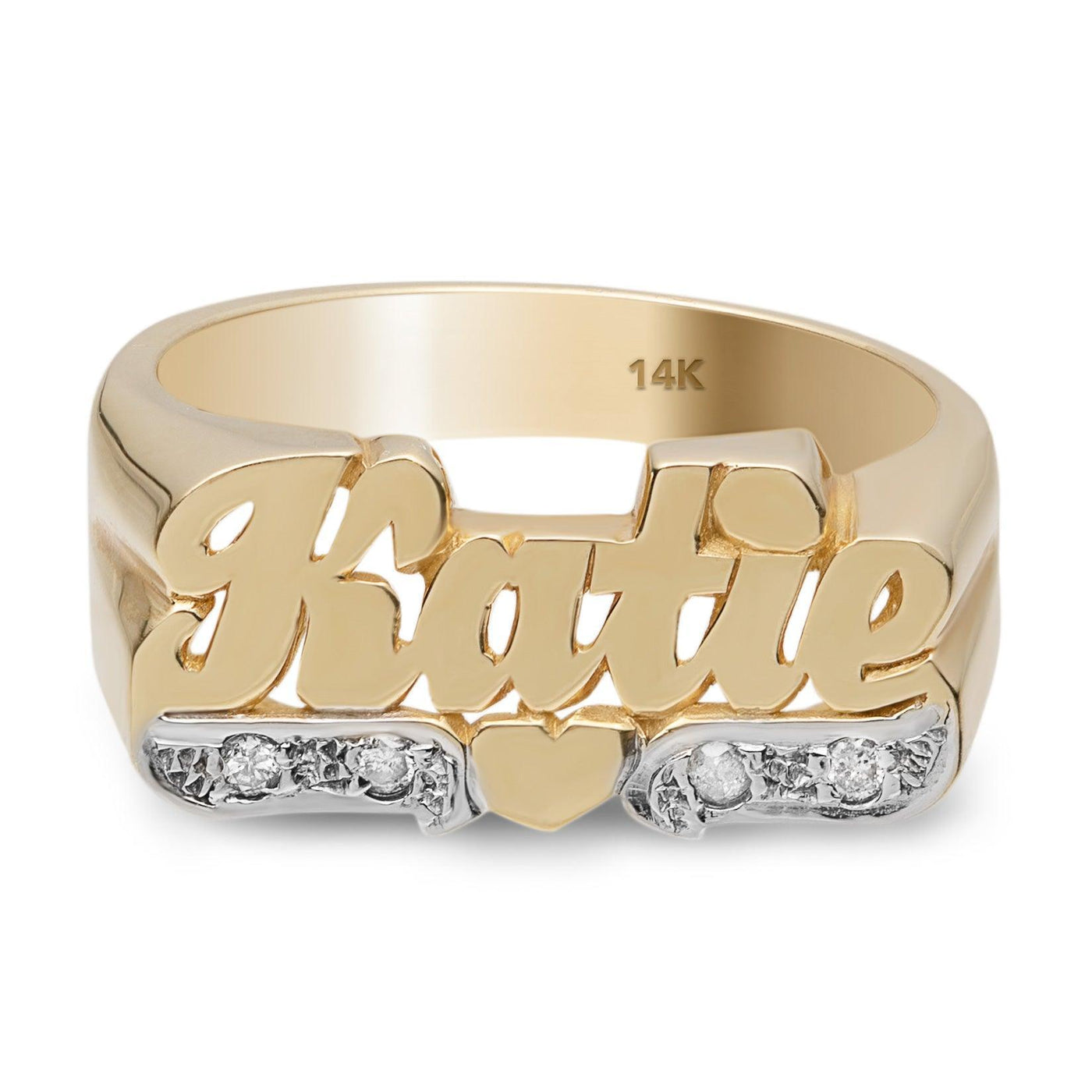 Name Ring with Diamond Heart Ribbon 14K Gold - Style 12 - bayamjewelry