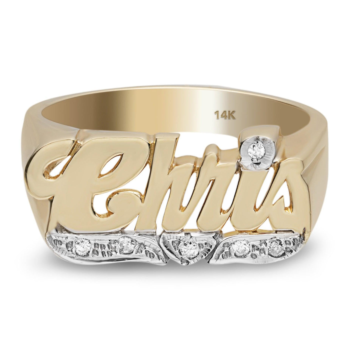 Name Ring with Diamond Heart Ribbon 14K Gold - Style 5 - bayamjewelry