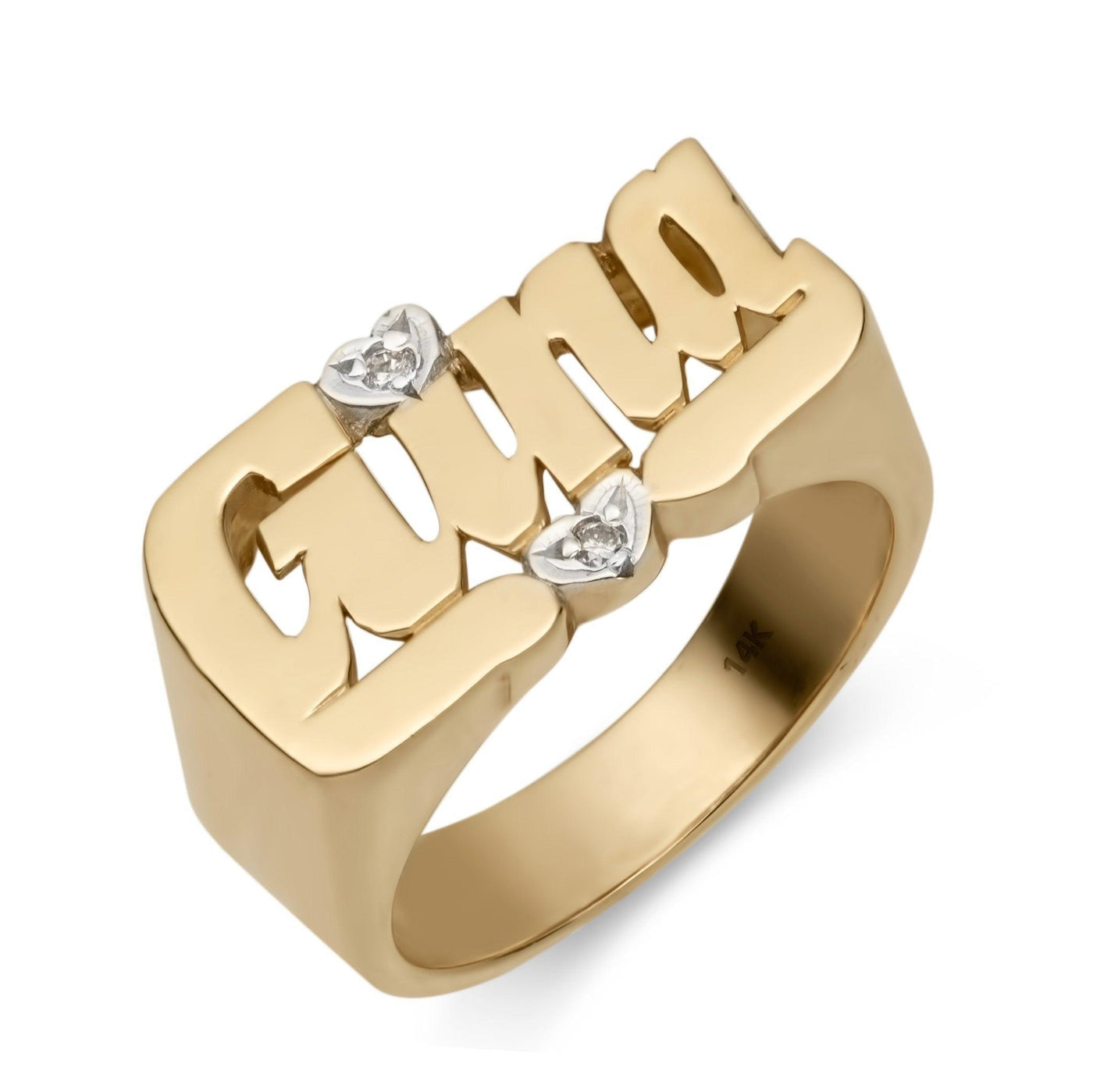 Name Ring with Diamond Hearts 14K Gold - Style 11 - bayamjewelry