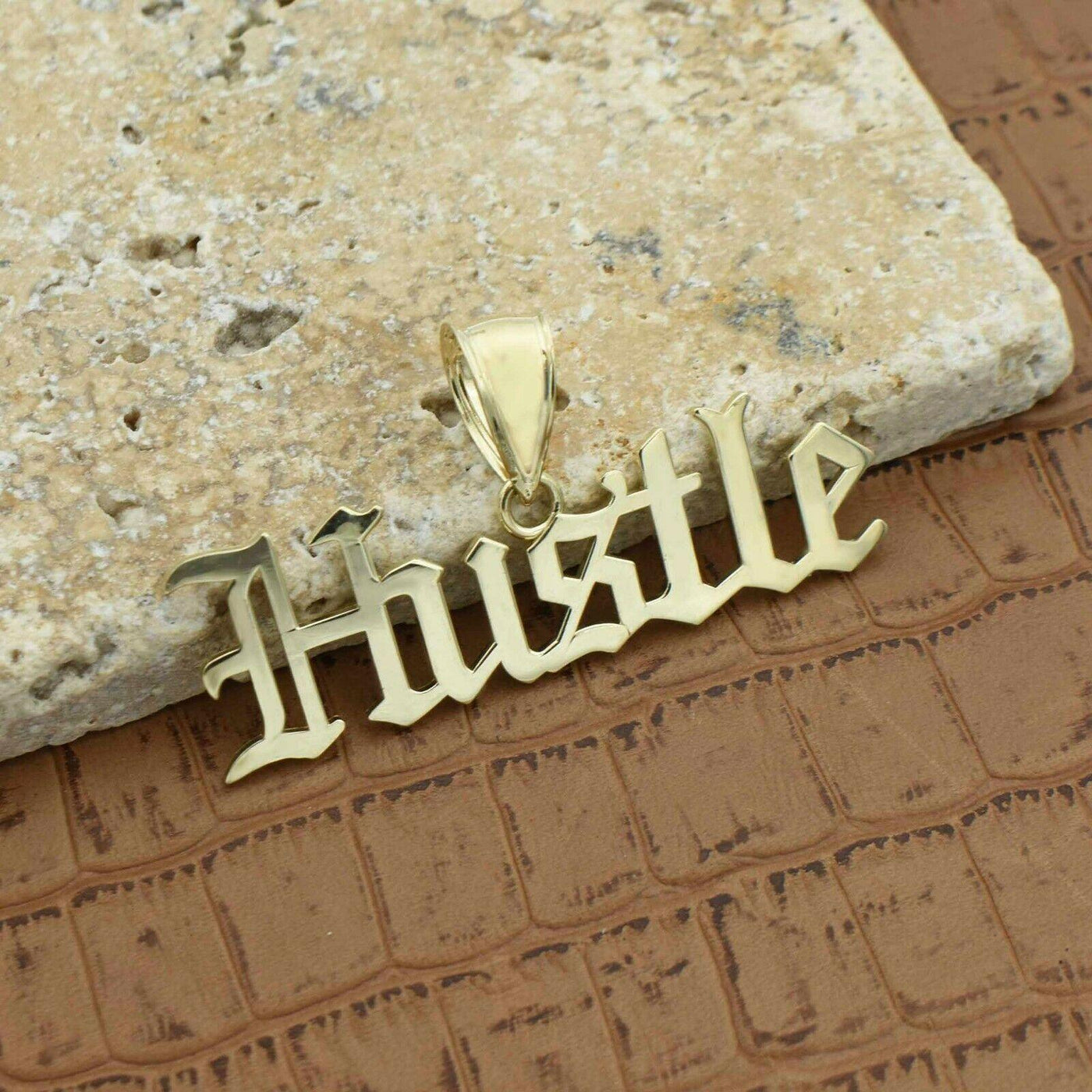 Old English Script "Hustle" Pendant Solid 10K Yellow Gold - bayamjewelry