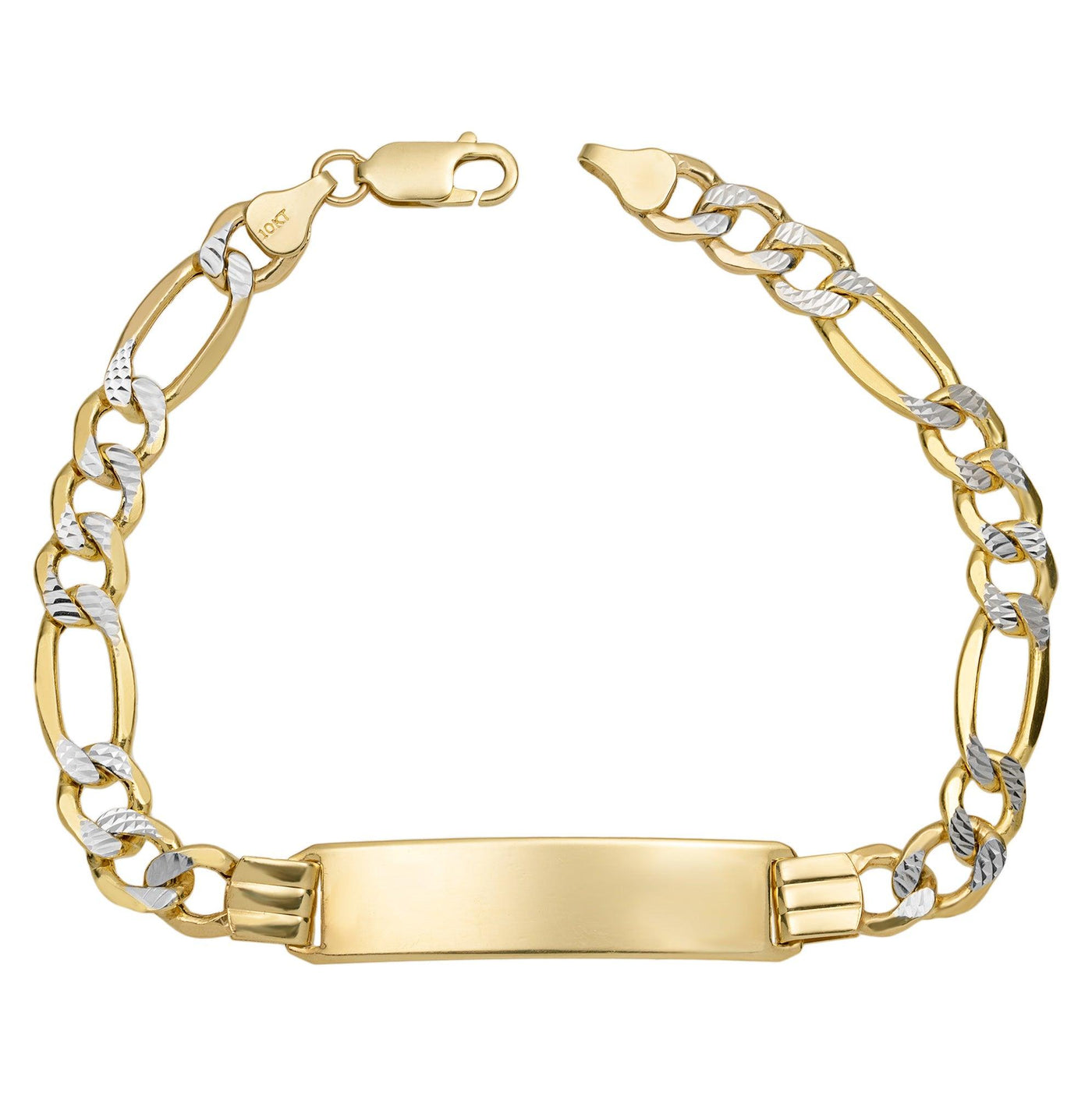 Pave Figaro Link ID Bracelet 10K Yellow White Gold - bayamjewelry