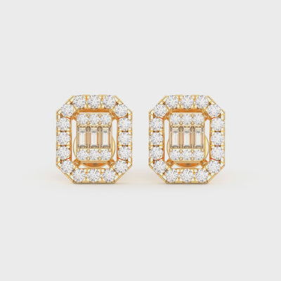 Men's Emerald-Shaped Baguette & Round-Cut Diamond Stud Earrings 0.51ct 14K Gold