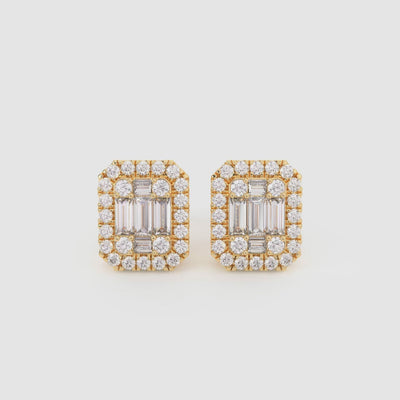 Women's Emerald-Shaped Baguette & Round Diamond Stud Earrings 14K Gold