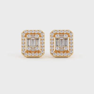 Women's Emerald Baguette & Round Diamond Stud Earrings 0.66ct 14K Gold