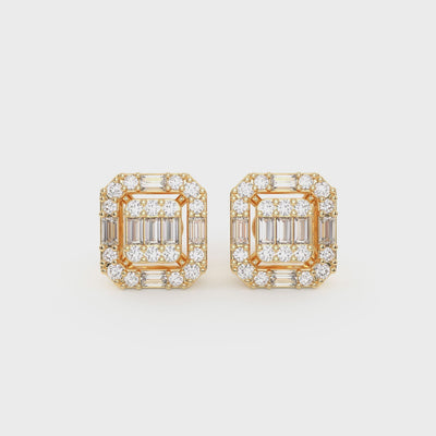 Women's Baguette & Round Composite Diamond Stud Earrings 0.75ct 14K Gold