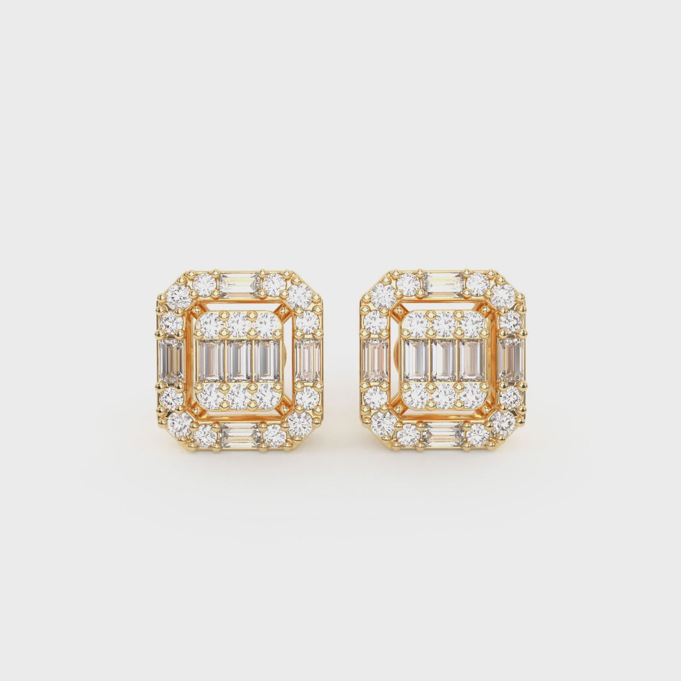 Men's Baguette & Round Composite Diamond Stud Earrings 0.75ct 14K Gold