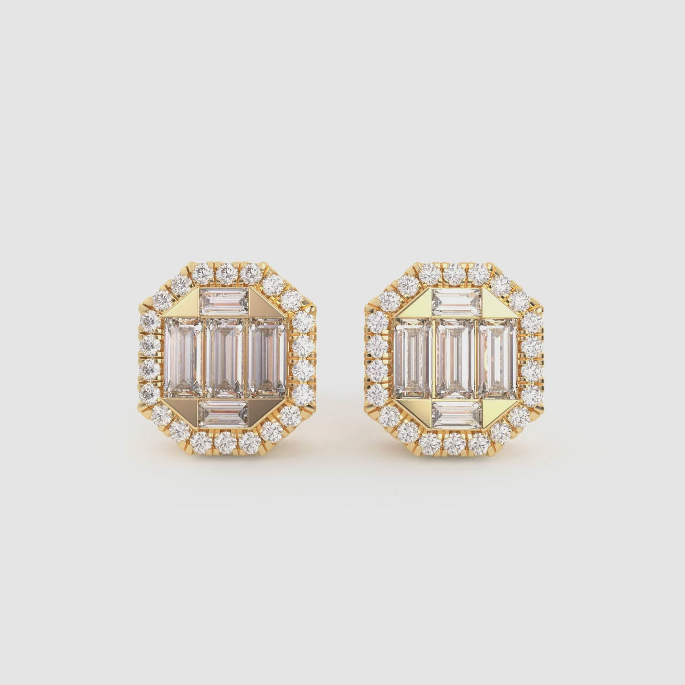 Men's Emerald Baguette & Round-Cut Diamond Stud Earrings 14K Gold