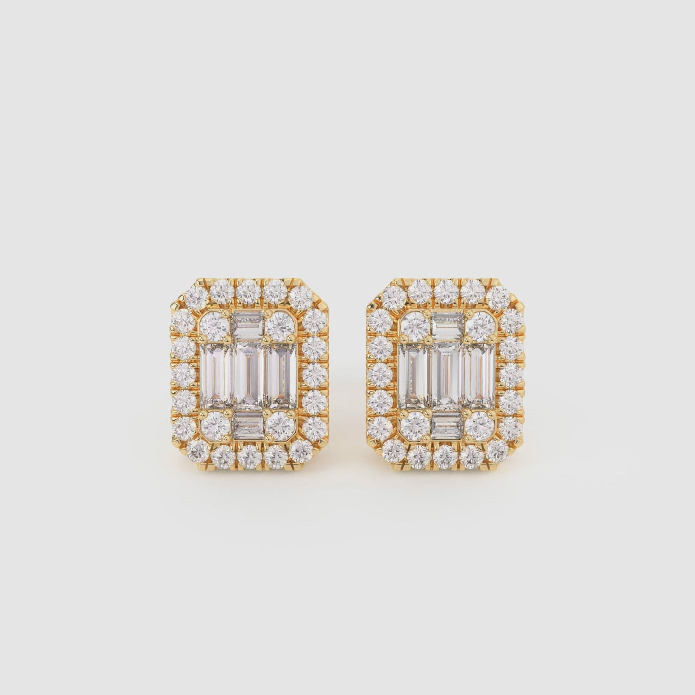 Men's Emerald-Shaped Baguette & Round-Cut Diamond Stud Earrings 14K Gold