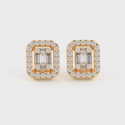 Men's Emerald-Shaped Baguette & Round-Cut Diamond Stud Earrings 0.66ct 14K Gold