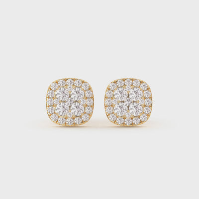 Men's Cushion Halo Cluster Diamond Stud Earrings 0.77ct 14K Gold