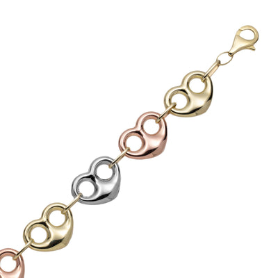 Puffed Heart Shape Link Bracelet 10K & 14K Tri-Color Gold - bayamjewelry