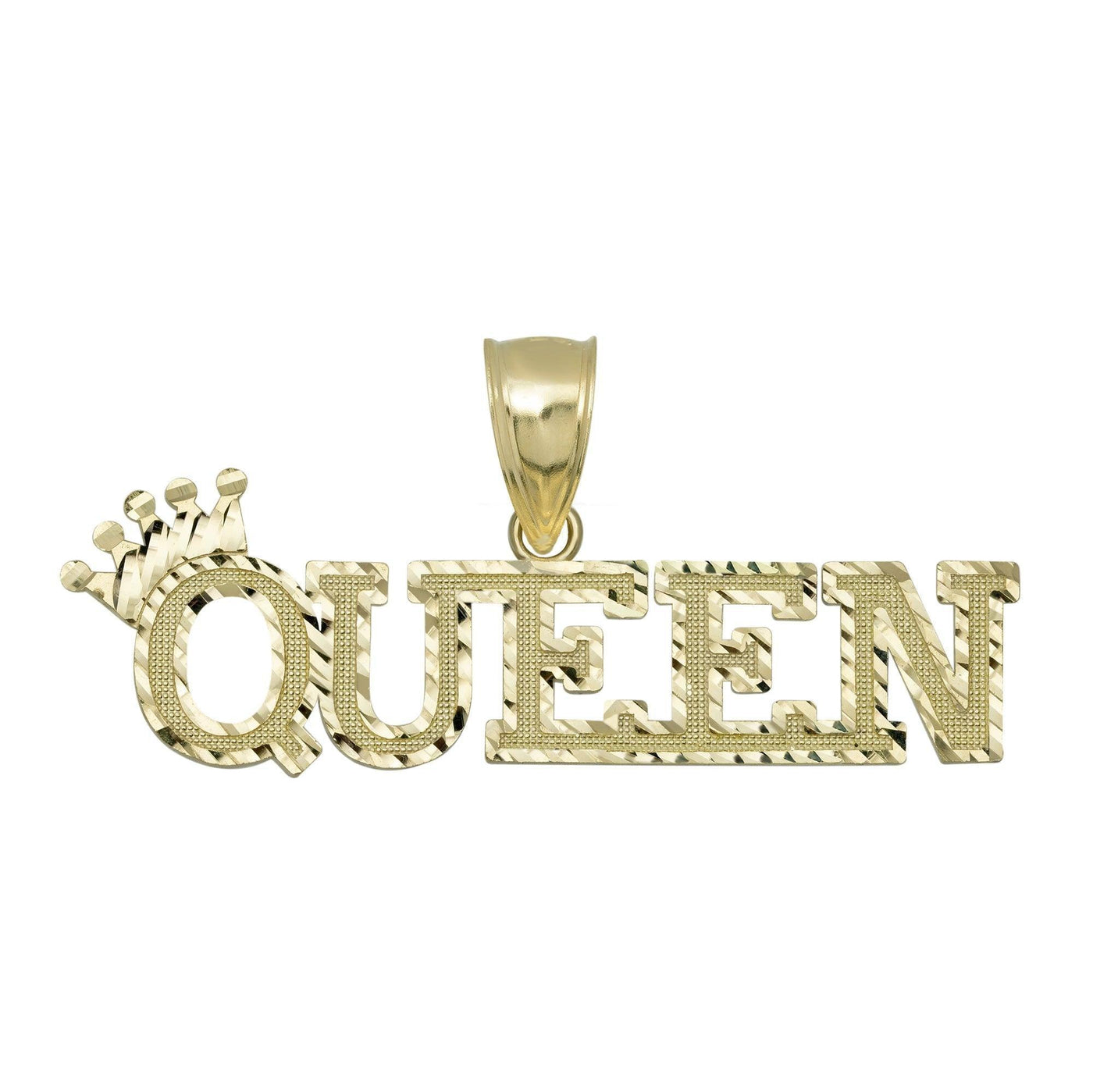 "Queen" Script with Crown Pendant 10K Yellow Gold - bayamjewelry