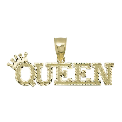 "Queen" Script with Crown Pendant 10K Yellow Gold - bayamjewelry