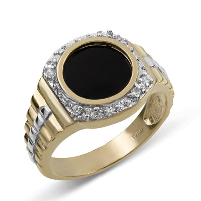 Railroad Design CZ Black Onyx Signet Ring Solid 10K Yellow Gold - bayamjewelry
