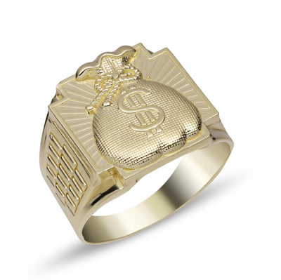 Railroad Design Money Bag Signet Ring Solid 10K Yellow Gold - bayamjewelry