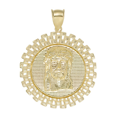 Railroad Framed Jesus Medallion Pendant 10K Yellow Gold - bayamjewelry