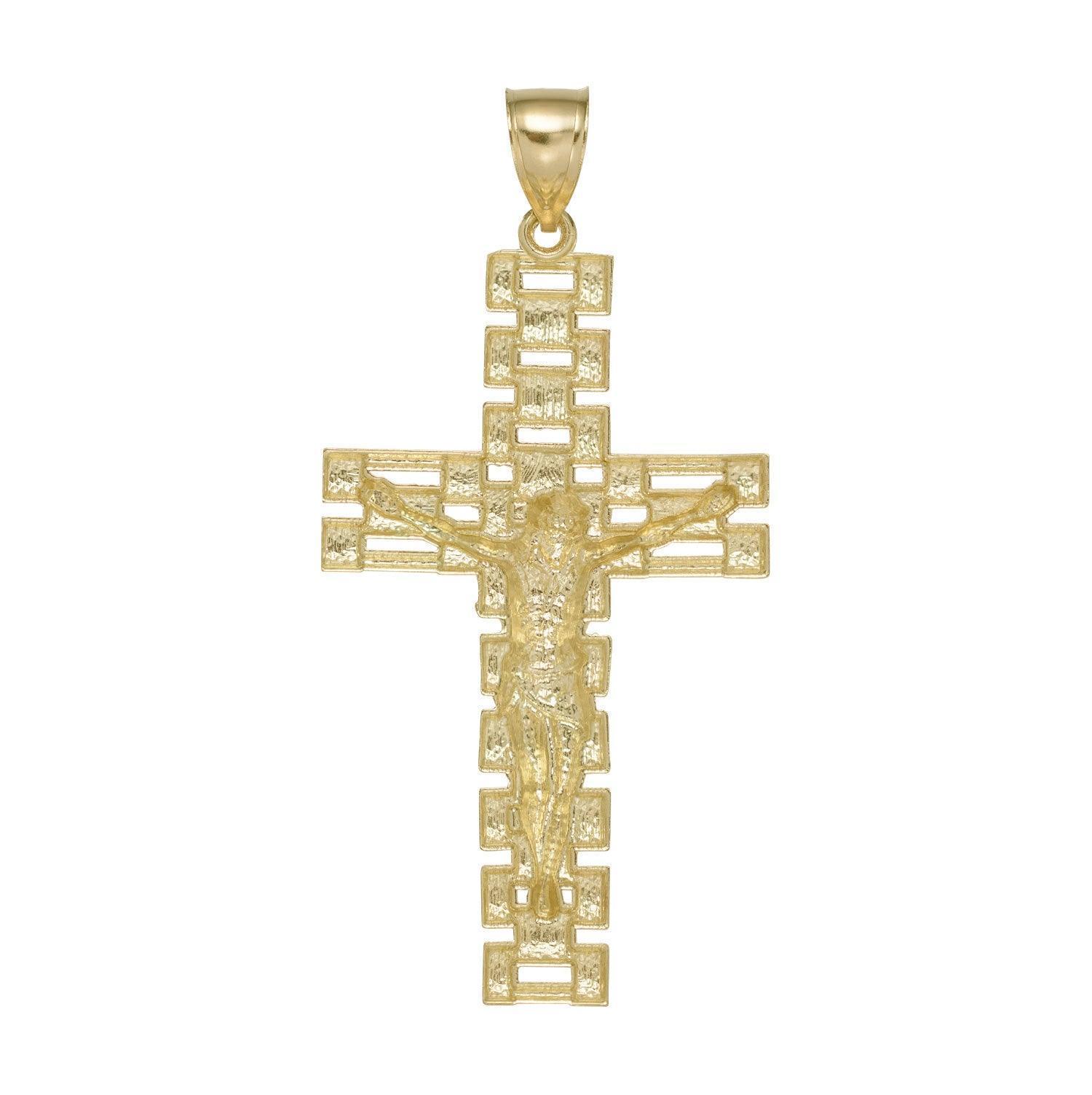 Railroad Jesus Cross Crucifix Pendant Solid 10K Yellow Gold