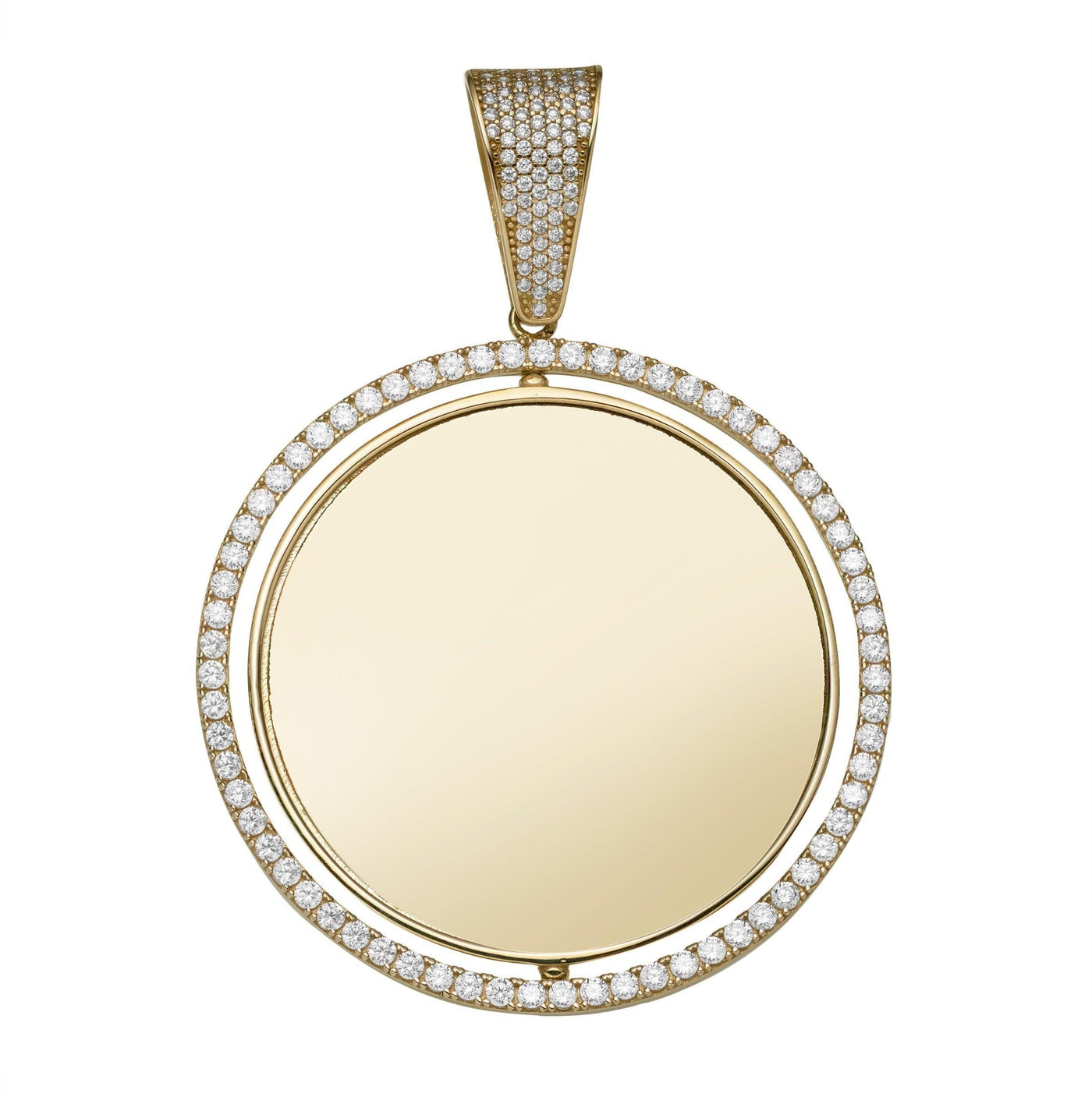 Reversible CZ Frame Picture Memory Medallion Pendant Solid 10K Yellow Gold - bayamjewelry