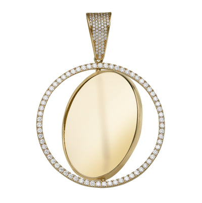 Reversible CZ Frame Picture Memory Medallion Pendant Solid 10K Yellow Gold - bayamjewelry