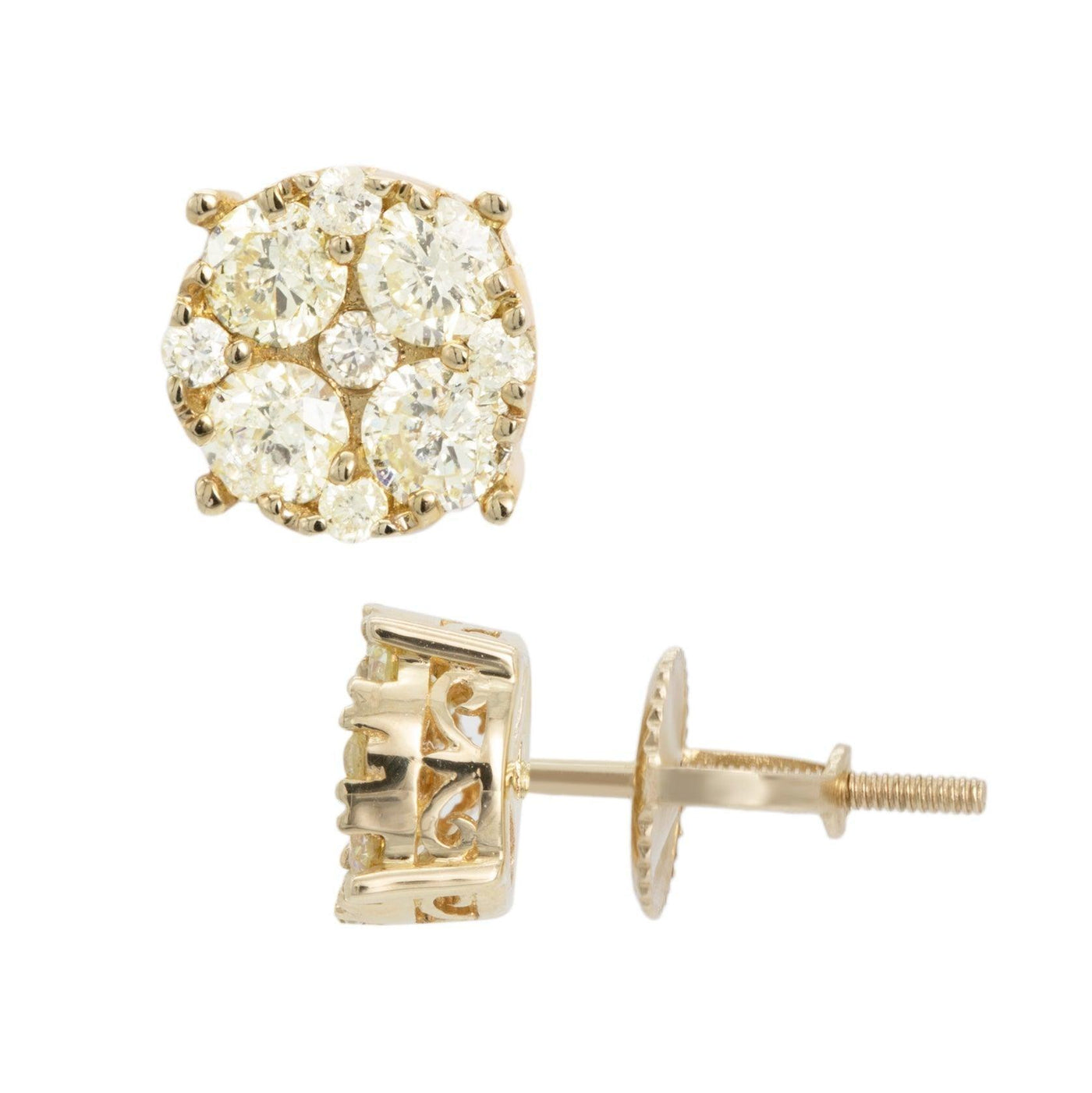 Round Cluster Diamond Stud Earrings 1.15ct 10K Yellow Gold - bayamjewelry
