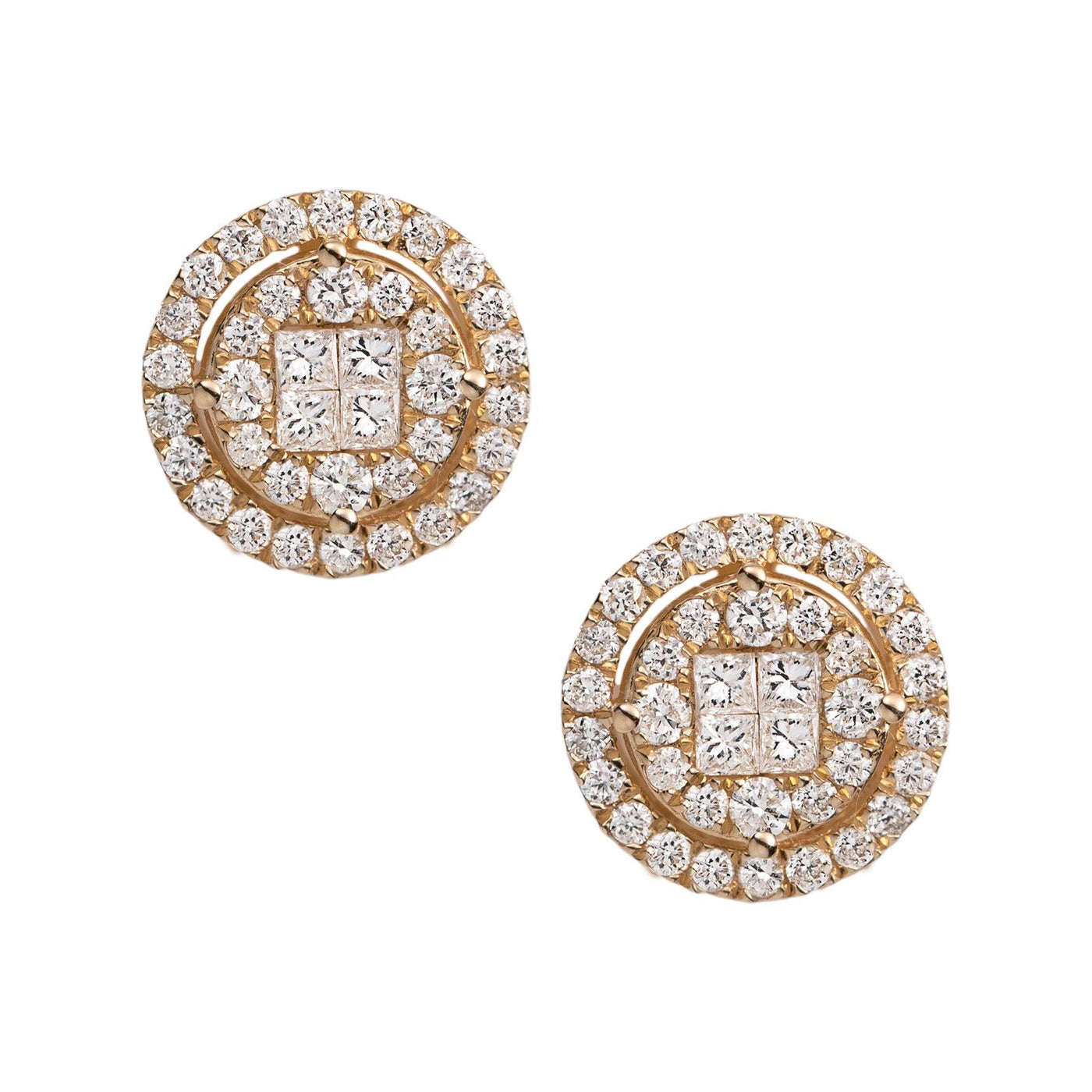 Round Cluster Square Diamond Stud Earrings 1.35ct 14K Yellow Gold - bayamjewelry