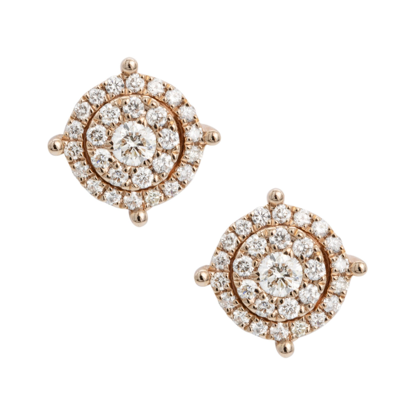 Round Double Halo Cluster Diamond Stud Earrings 0.60ct 14K Rose Gold - bayamjewelry