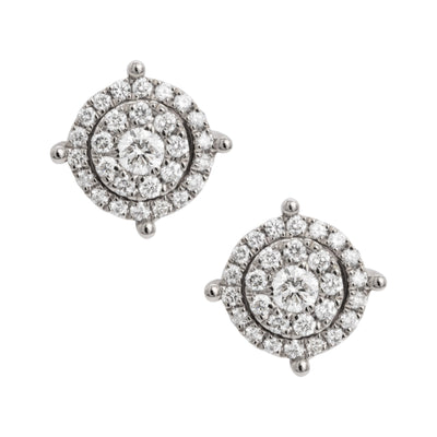 Round Double Halo Cluster Diamond Stud Earrings 0.60ct 14K White Gold - bayamjewelry
