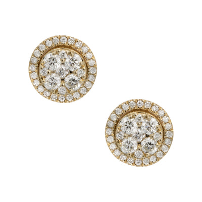 Round Frame Cluster Diamond Stud Earrings 1.03ct 14K Yellow Gold - bayamjewelry
