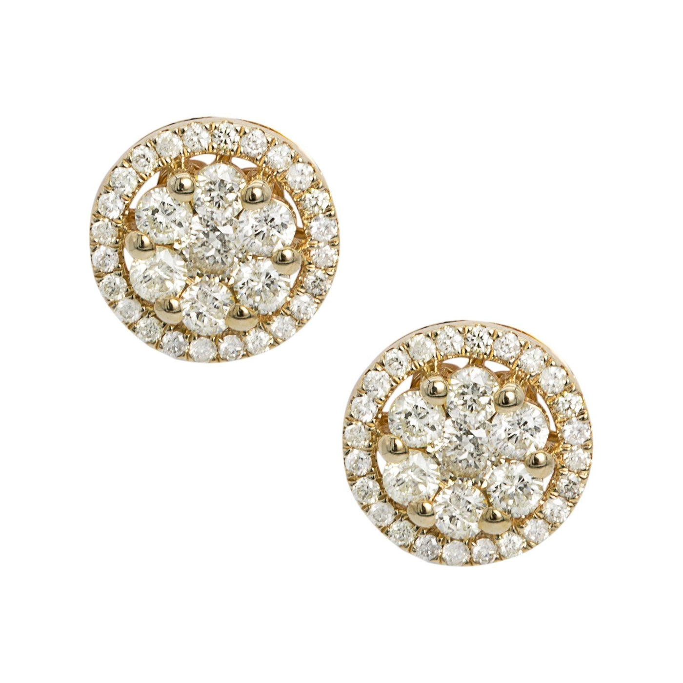Round Frame Flower Cluster Diamond Stud Earrings 1.15ct 10K Yellow Gold - bayamjewelry