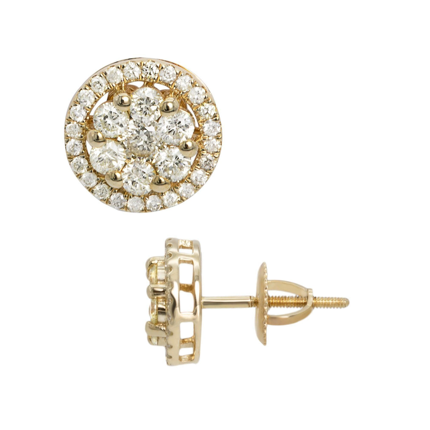 Round Frame Flower Cluster Diamond Stud Earrings 1.15ct 10K Yellow Gold - bayamjewelry