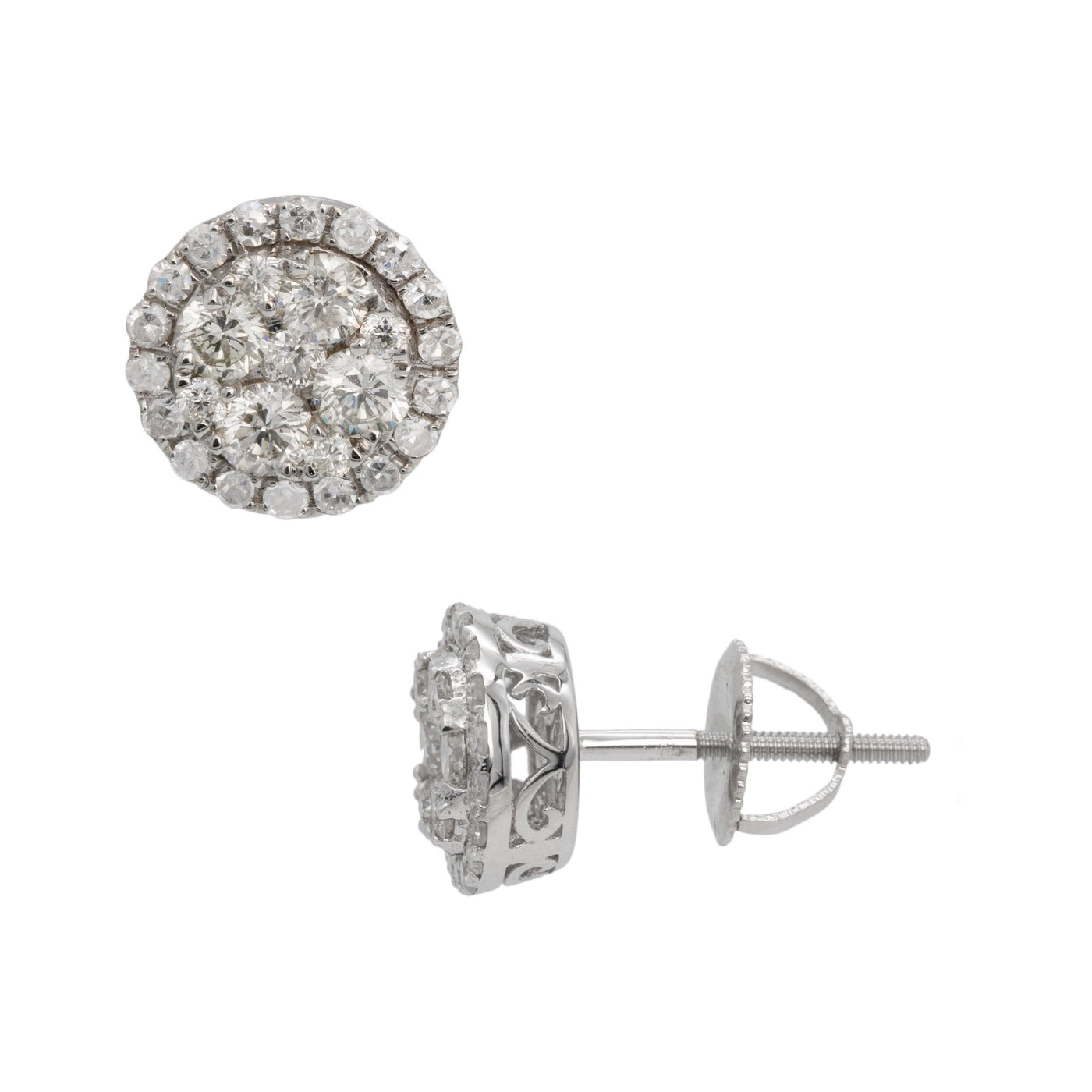 Round Halo Diamond Stud Earrings 1.15ct 14K White Gold - bayamjewelry