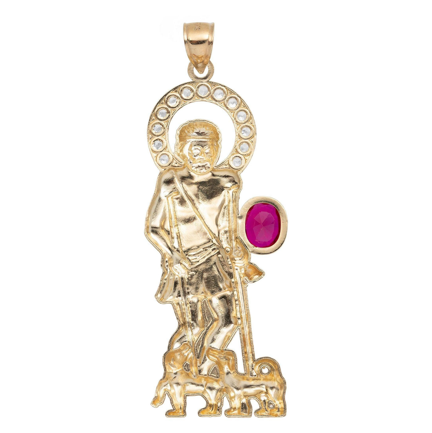 Saint Lazarus CZ Halo with Ruby Red Stone Charm Pendant 10K Yellow Gold - bayamjewelry