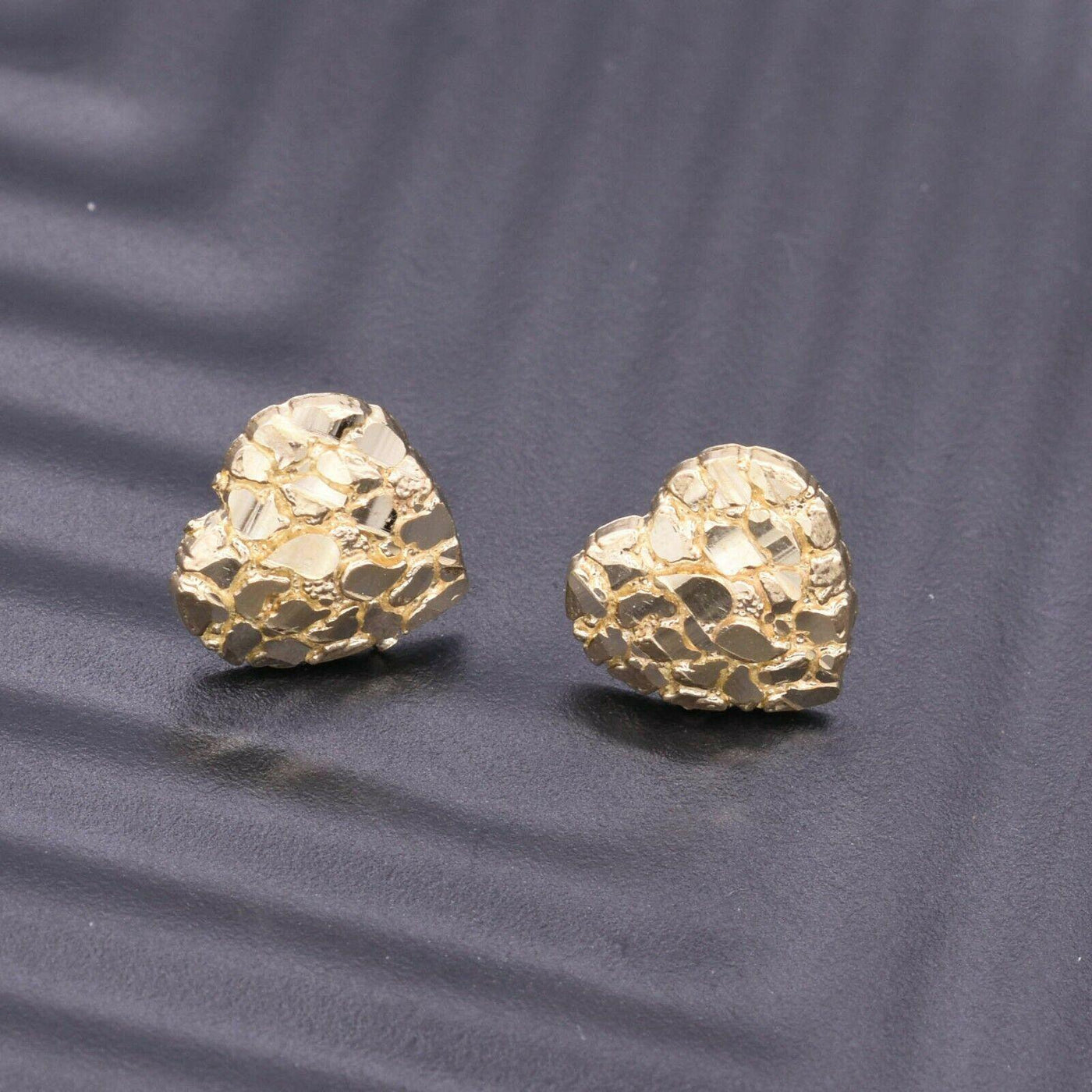 Small Heart Shaped Nugget Textured Stud Earrings Solid 10K Yellow Gold - bayamjewelry