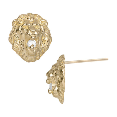 Small Lion Head with CZ Stud Earrings Solid 10K Yellow Gold - bayamjewelry