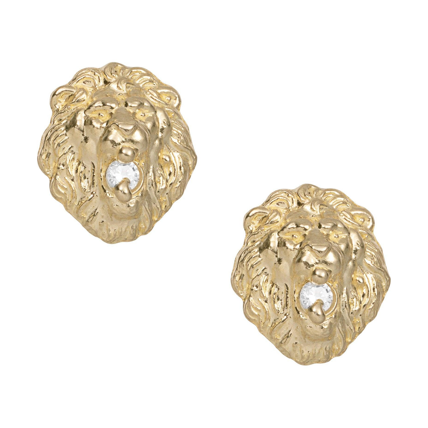 Small Roaring Lion Head CZ Stud Earrings Solid 10K Yellow Gold - bayamjewelry