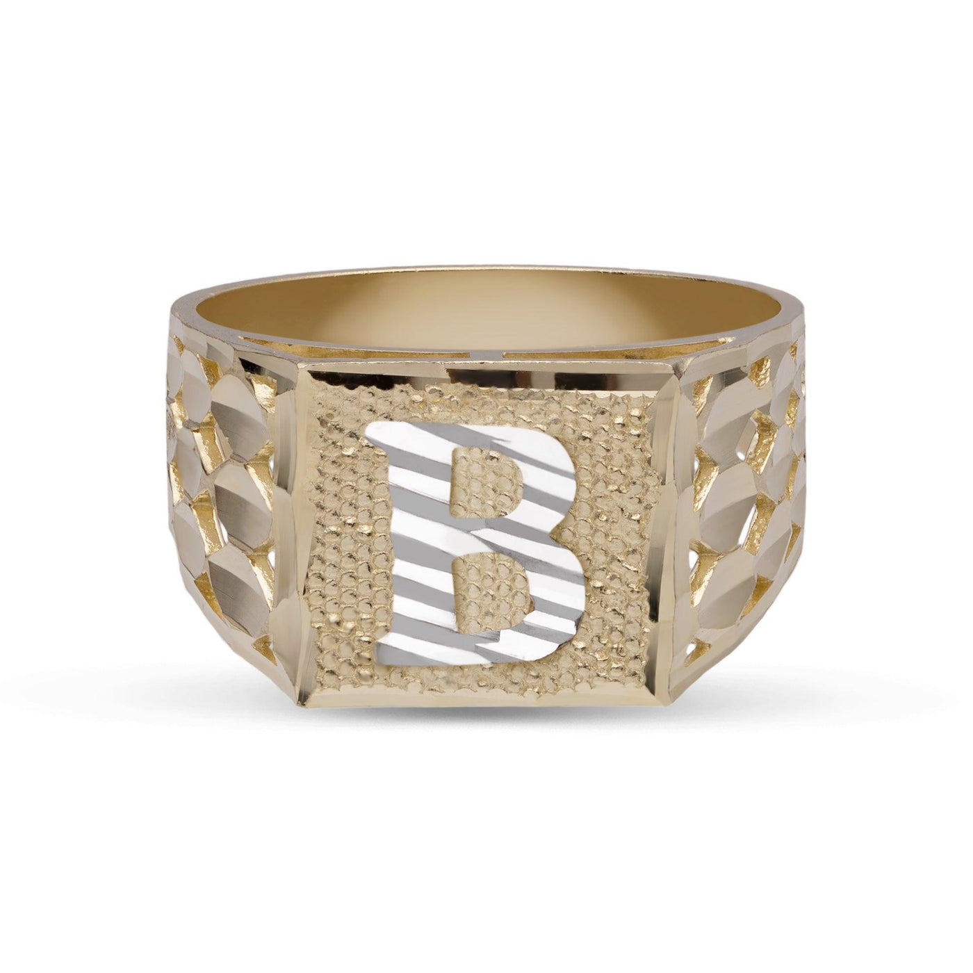 Square Signet Initial Ring 10K Yellow White Gold - bayamjewelry