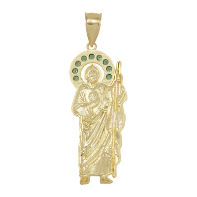St. Jude with Emerald CZ Halo Pendant Solid 10K Yellow Gold - bayamjewelry