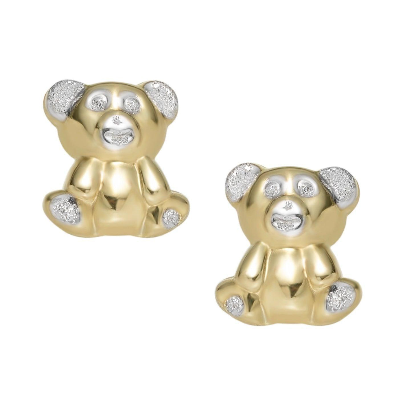 Teddy Bear Panda Stud Earrings Two-Tone 10K Yellow Gold - bayamjewelry